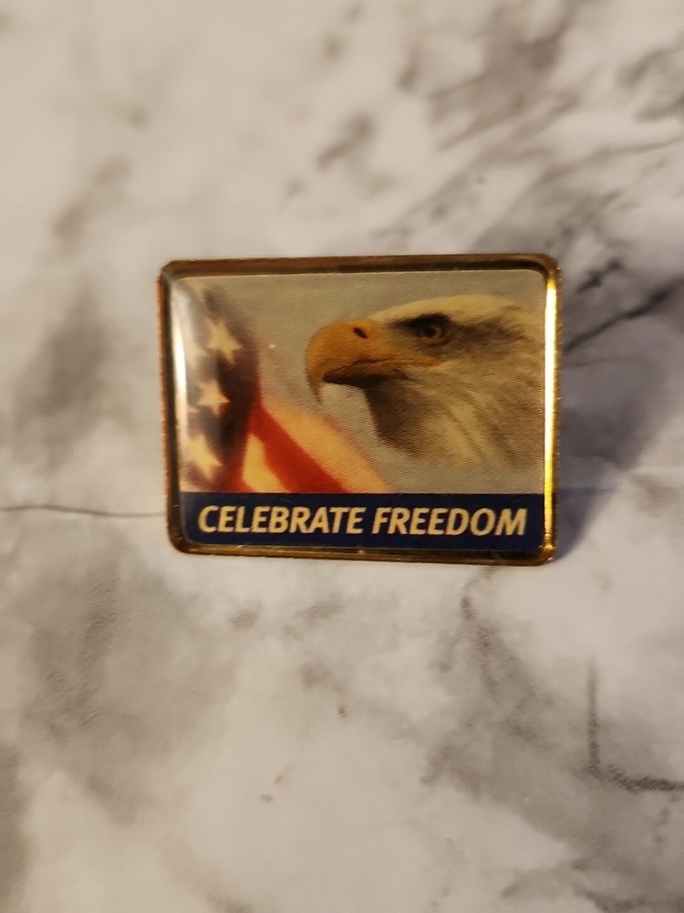 Vintage Celebrate Freedom USA Flag Eagle Gold Tone Lapel Pin Hat Pin Tie Tack
