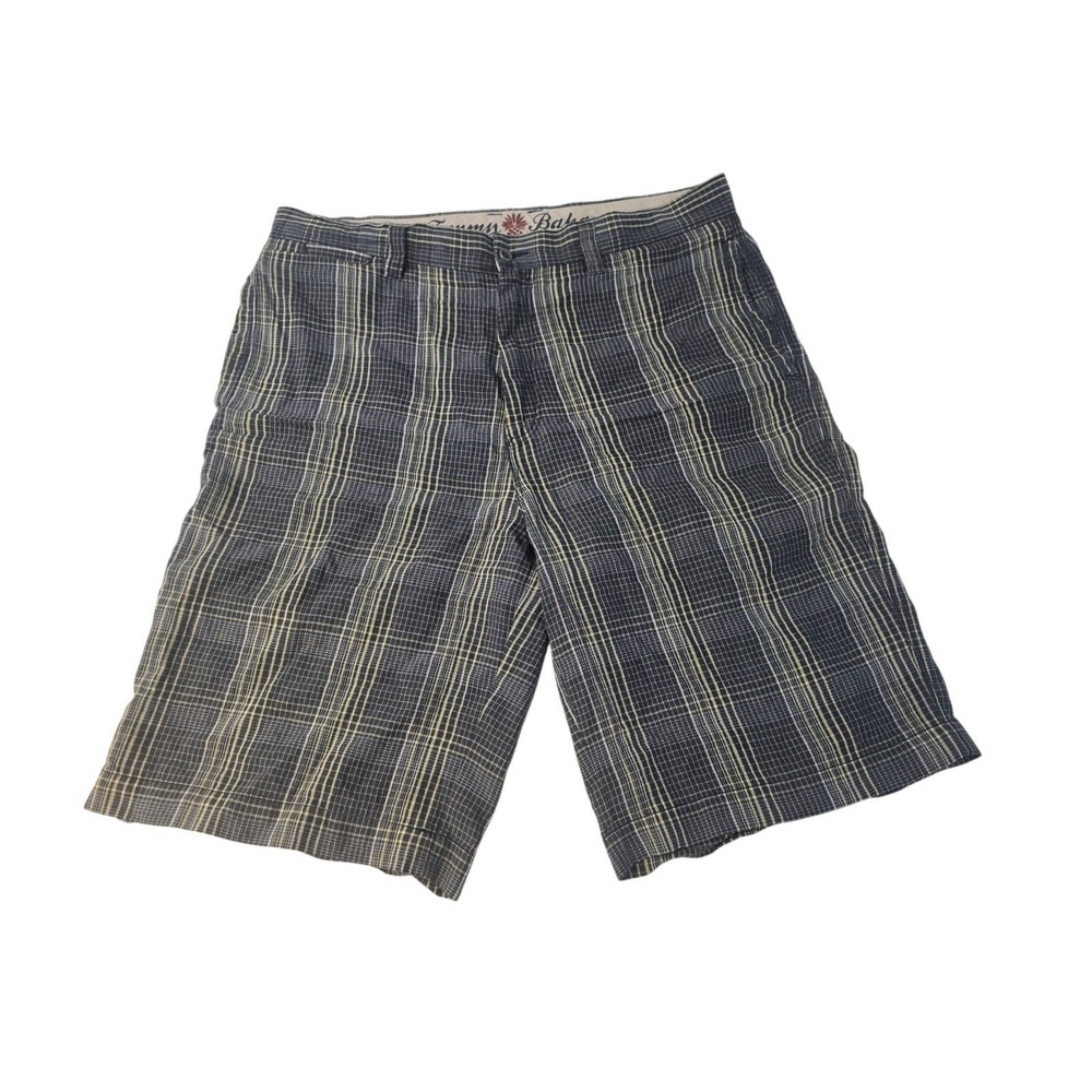 Tommy Bahama Mens 36 Paradise Nation Linen Silk Plaid Shorts Navy Blue Cream