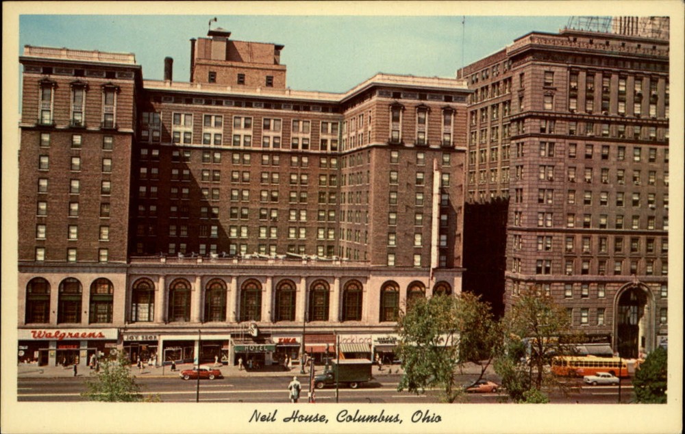 Neil House Columbus Ohio ~ Walgreens Drug Store ~ 1950s cars ~ postcard