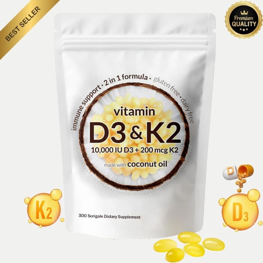 Vitamin D3 10000 iu Plus K2 (MK-7) 200 mcg, 300 Virgin Coconut Oil Softgels