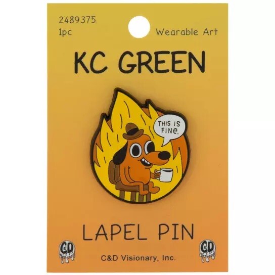 THIS IS FINE Dog On Fire Meme Pin - Official KC Green Enamel Lapel Pinback Funny