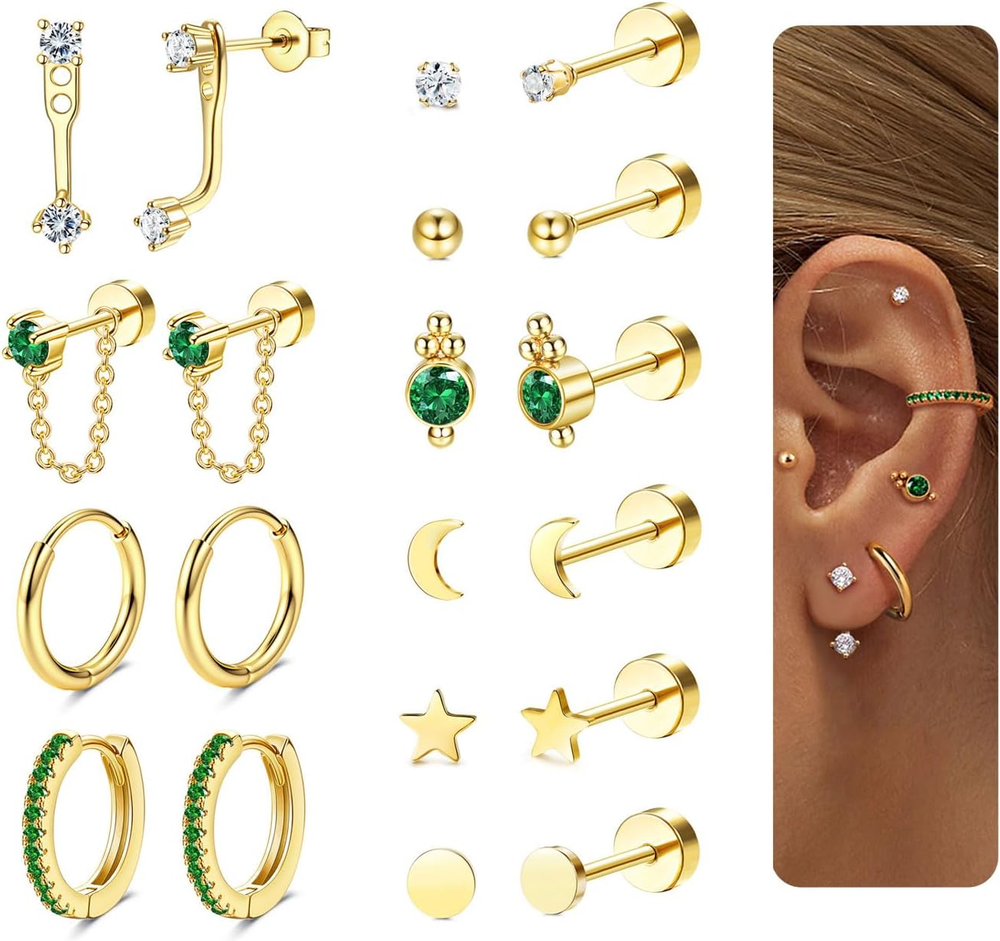 Dainty Gold Flat Back Earrings Hypoallergenic Cartilage Earring Sets for Multipl