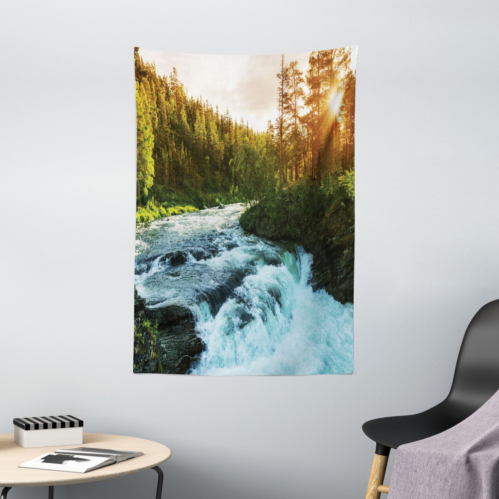 River Tapestry Sunrise Springtime Pines Print Wall Hanging Decor