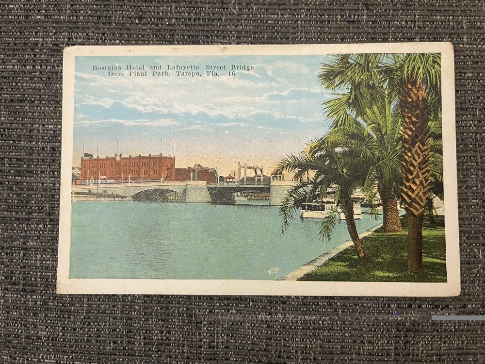 Linen Postcard Tampa, FL~ Bostains Hotel & Lafayette St. Bridge From Plant Park