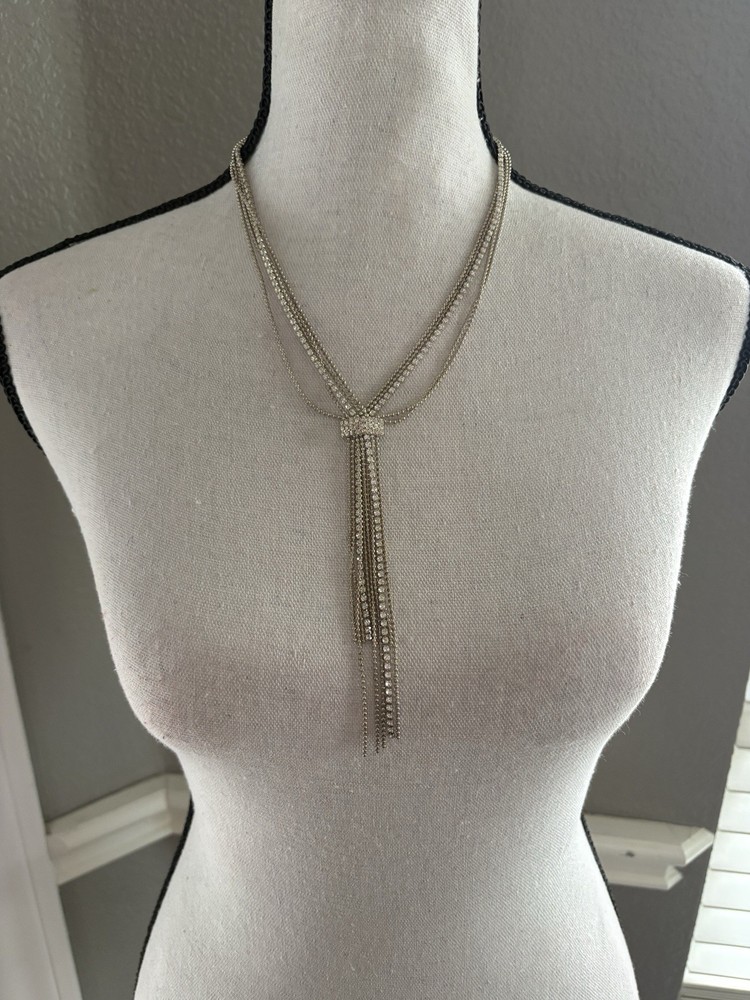 Vintage Silver Tone Rhinestone Fringe Tassel Necklace Multi Strand Statement
