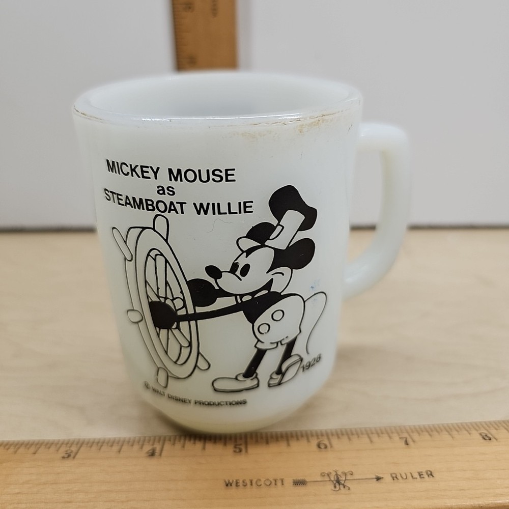 Vtg Anchor Hocking Mickey Mouse Steamboat Willie Pepsi Milk Glass Mug -USA Made