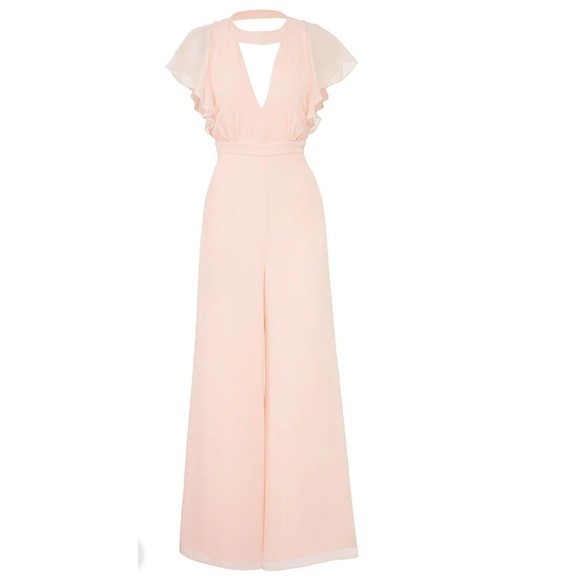 Fame & Partners Blush Pink Wide Leg Jumpsuit Size 8 Flutter Sleeve V Neck