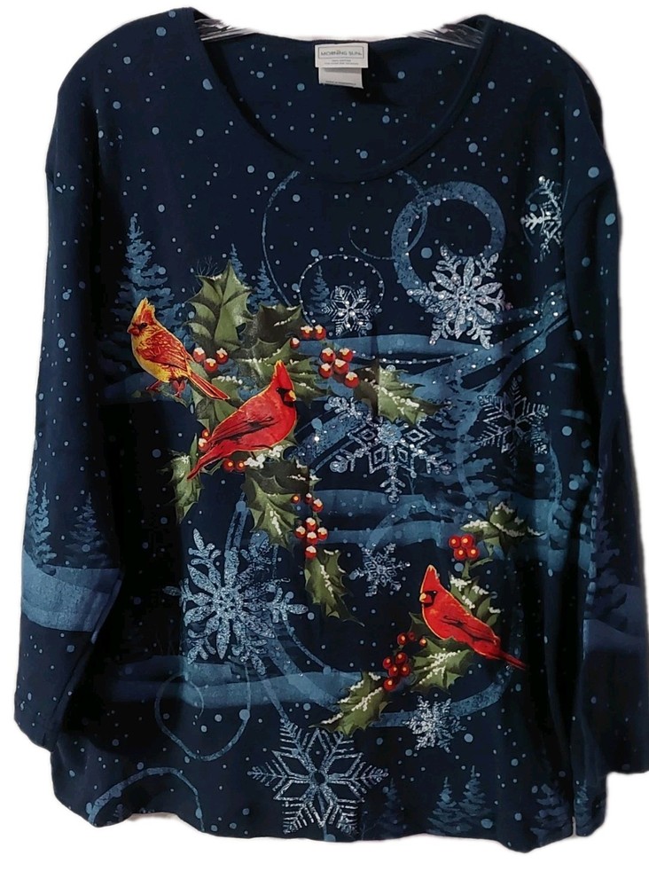 Morning Sun Sweatshirt Women’s Size 3x Navy Blue Cardinals Birds Winter