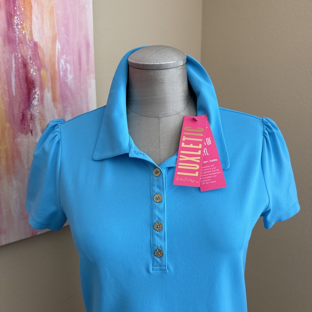 Lilly Pulitzer Polo Shirt Blue Luxletic Frida Puff Sleeve UPF50 Short Sleeve Med