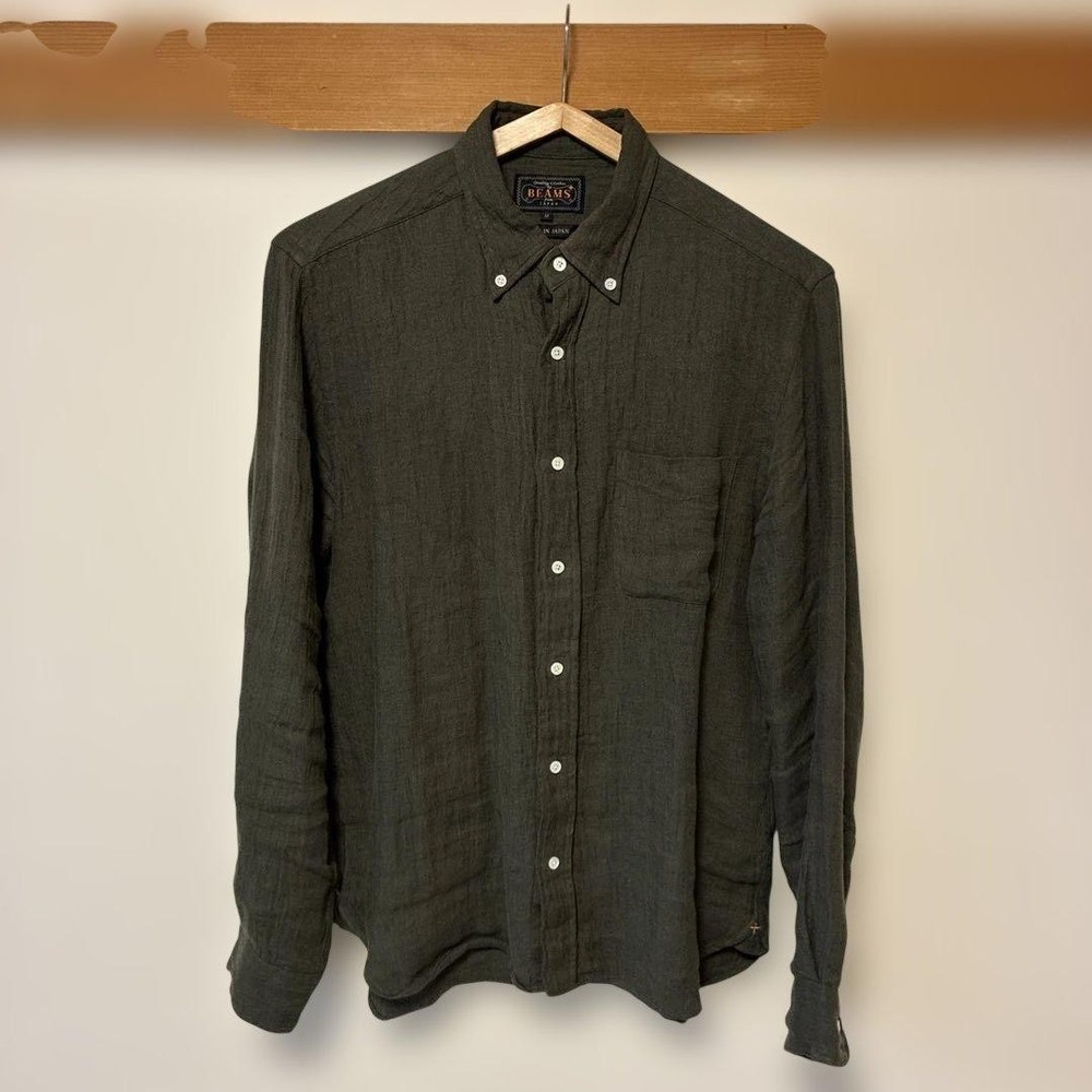 BEAMS PLUS Button Down Shirt Solid Linen Men Olive Size M Made in Japan