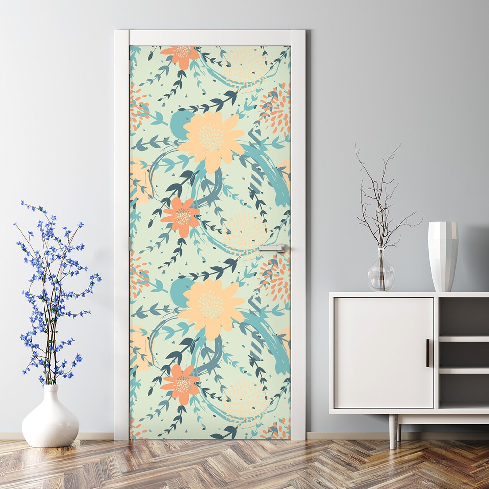 Colorful Floral Peel & Stick Doodle Door Decal for Nursery Kids Room Decor  