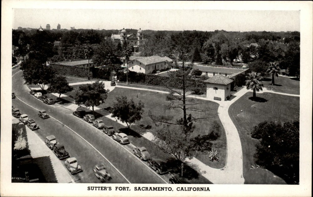 Sutter's Fort Sacramento California aerial view antique cars ~ vintage postcard