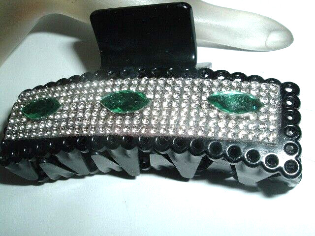 Vintage Art Deco Emerald and White Rhinestone Large Hair Claw Clip