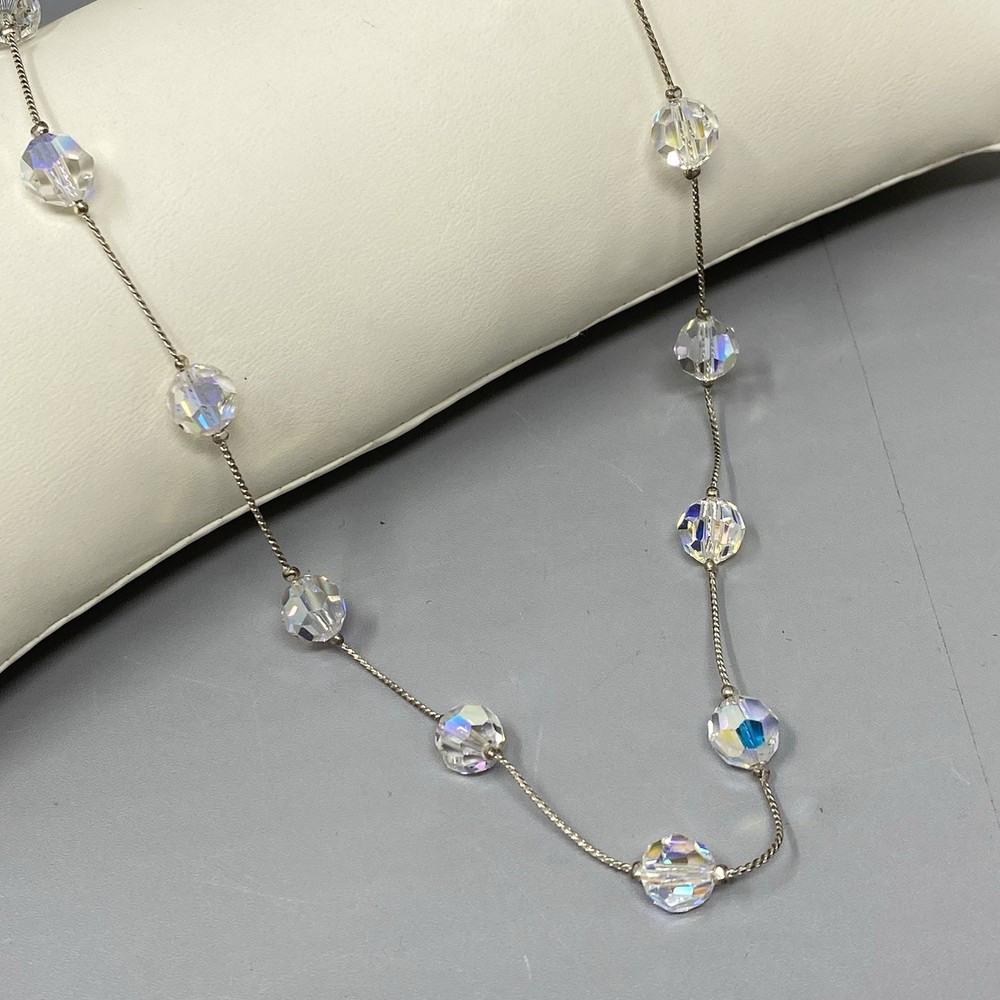 Aurora Borealis Crystal Bead Necklace Faceted Glass Silver Tone Chain Collar 18