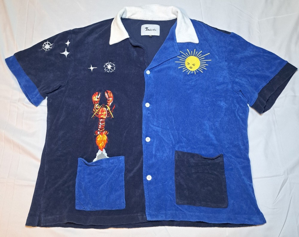 Tombolo Rocket Lobster Cabana Shirt XXL Terry Cloth Blue Sun Star Embroidered A1