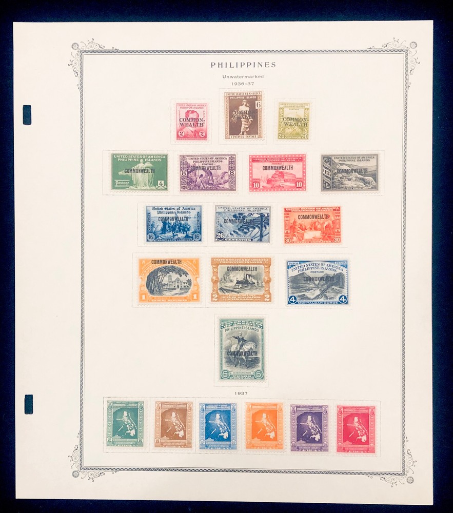 PHILIPPINES: UNUSED #411-24 + #425-30 NEATLY HINGED ON ALBUM PAGE TOTAL CV $77.3