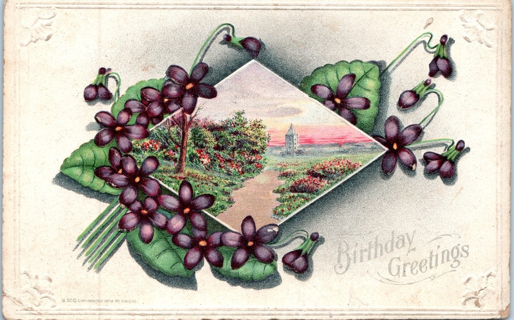 Vintage - Lovely Country Scene With Flowers Embossed Birthday - Postcard - P12