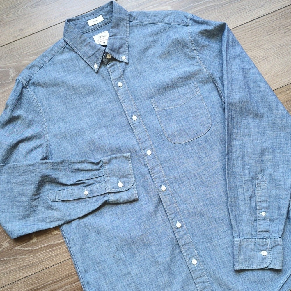 J Crew Shirt Mens M Blue Chambray Denim Long Sleeve Organic Cotton Button Up M