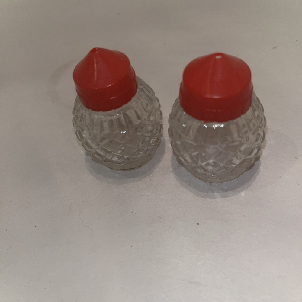 Vintage Small Glass Salt And Pepper Shakers Waffle Pattern Red Top