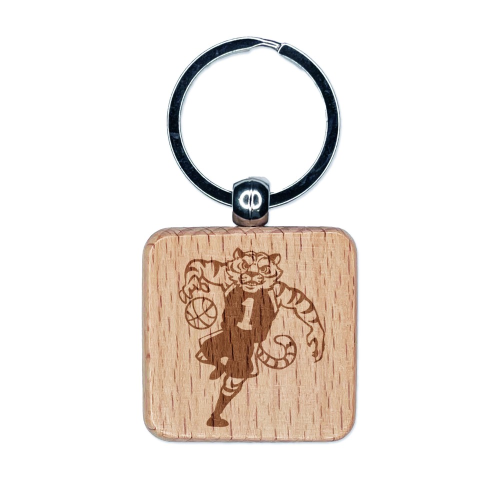 Tiger Basketball Engraved Wooden Keychain Sports Charm Tag  