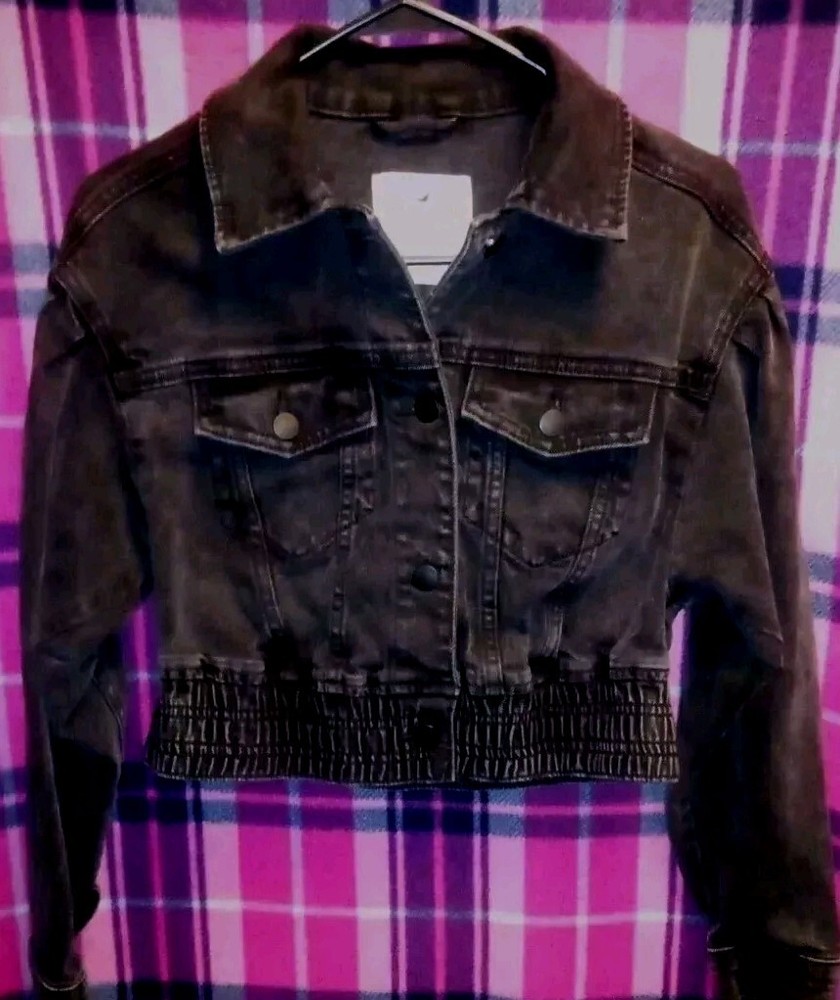 Hollister Jean Jacket Juniors XSmall Black Charcoal Denim Cropped Retro Pockets
