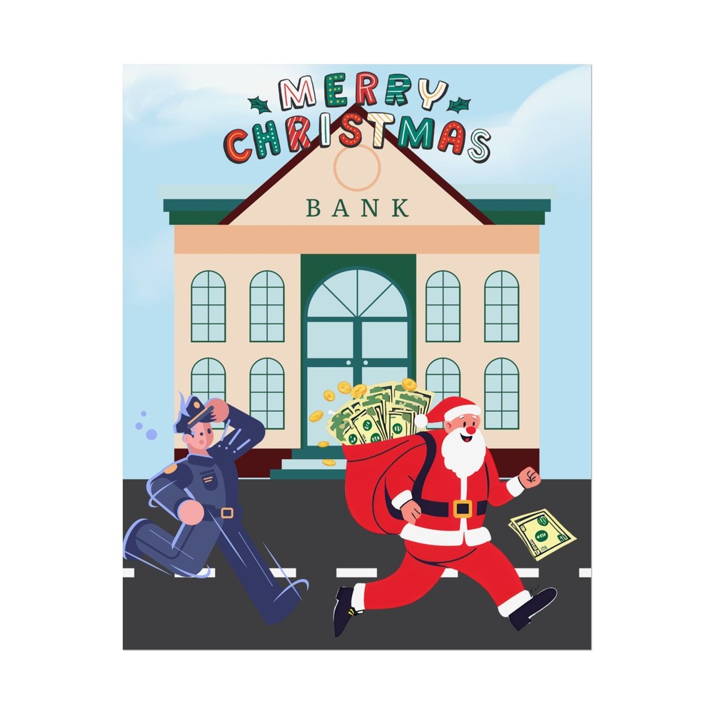 Poster, Funny Santa Claus Bank Robbery Art Print, Christmas Wall Decor,