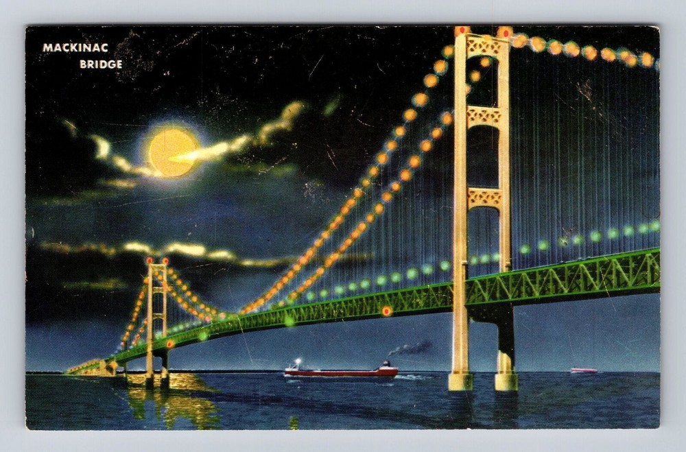 Mackinac MI-Michigan, Mackinac Bridge at Night, Antique Vintage Postcard