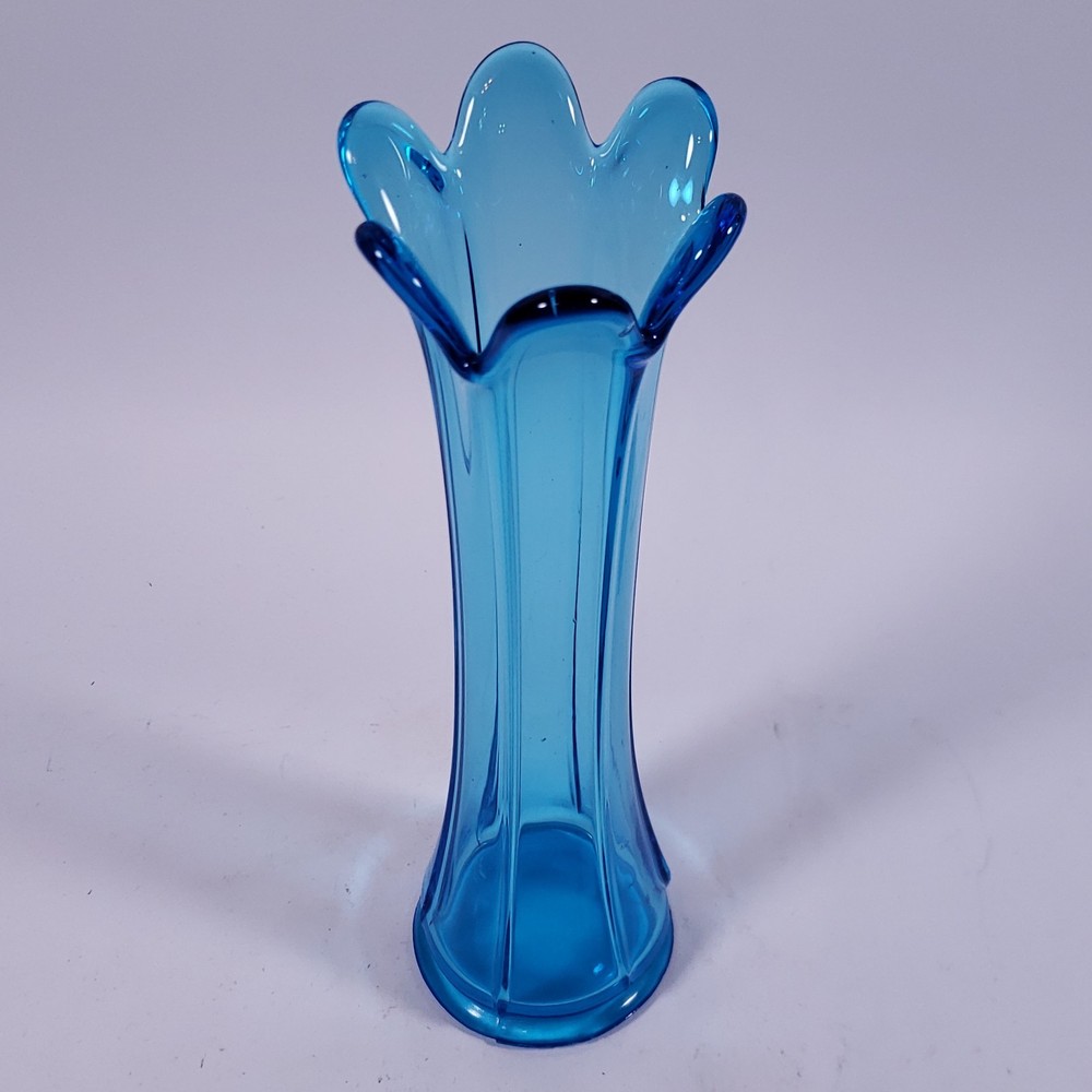 Vintage MCM Peacock Blue 6 Finger Paneled SWUNG GLASS BUD VASE