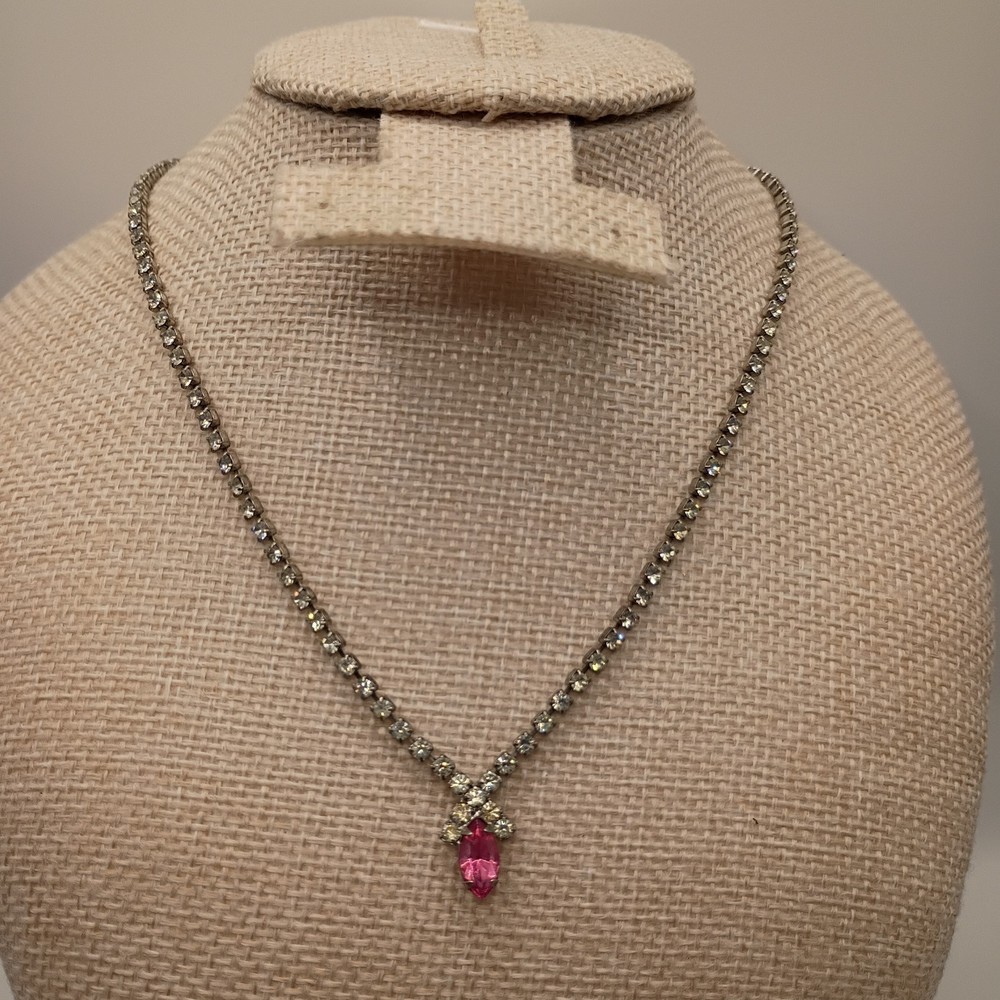 Vintage Rhinestone Choker Marquise Pink & Clear Silver Tone Bridal Prom 15