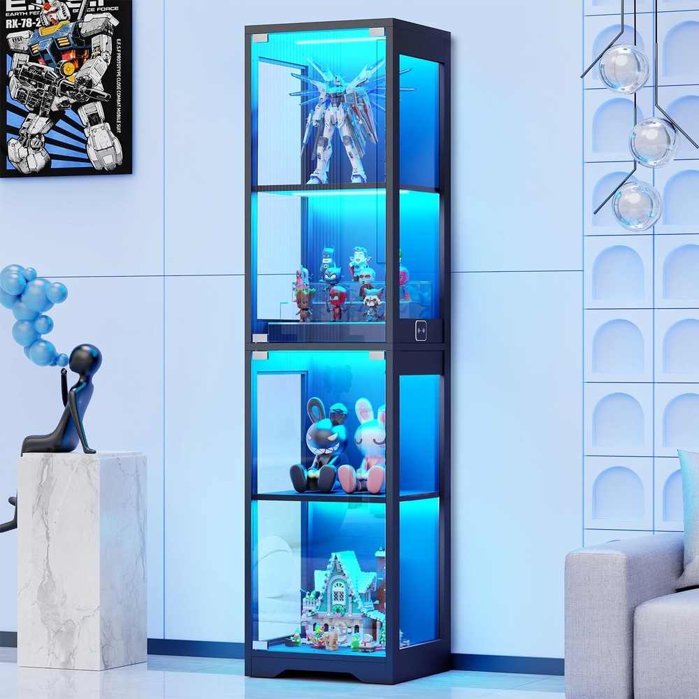 Glass Display Cabinet, 4-Tier Curio Cabinets with 3 Color Lights for Collecti...