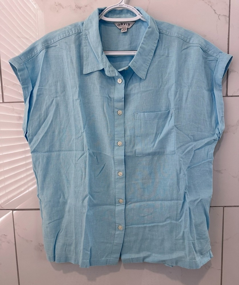 Orvis Women’s Sleeveless Button Down Shirt M Blue Linen Blend Pocket Top