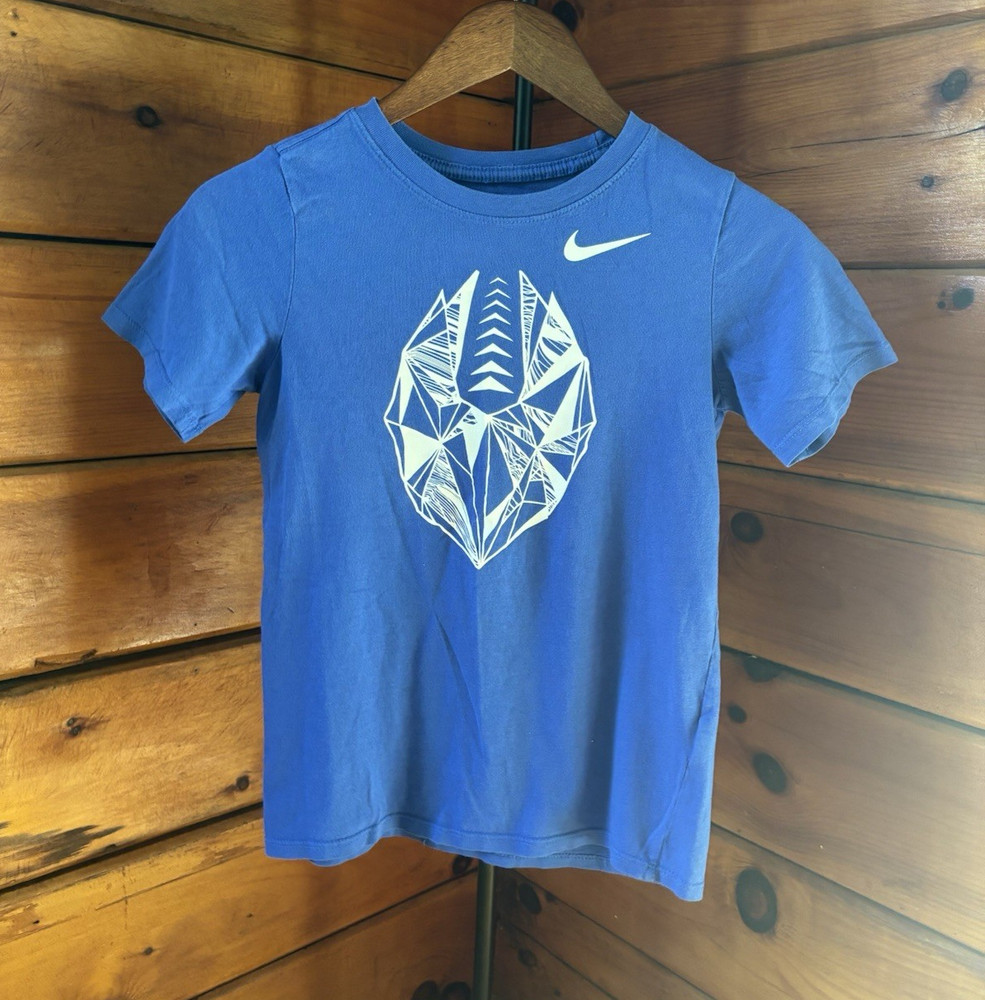 Nike Youth Medium Blue Geometric Football Graphic T Shirt Athletic Cotton Tee