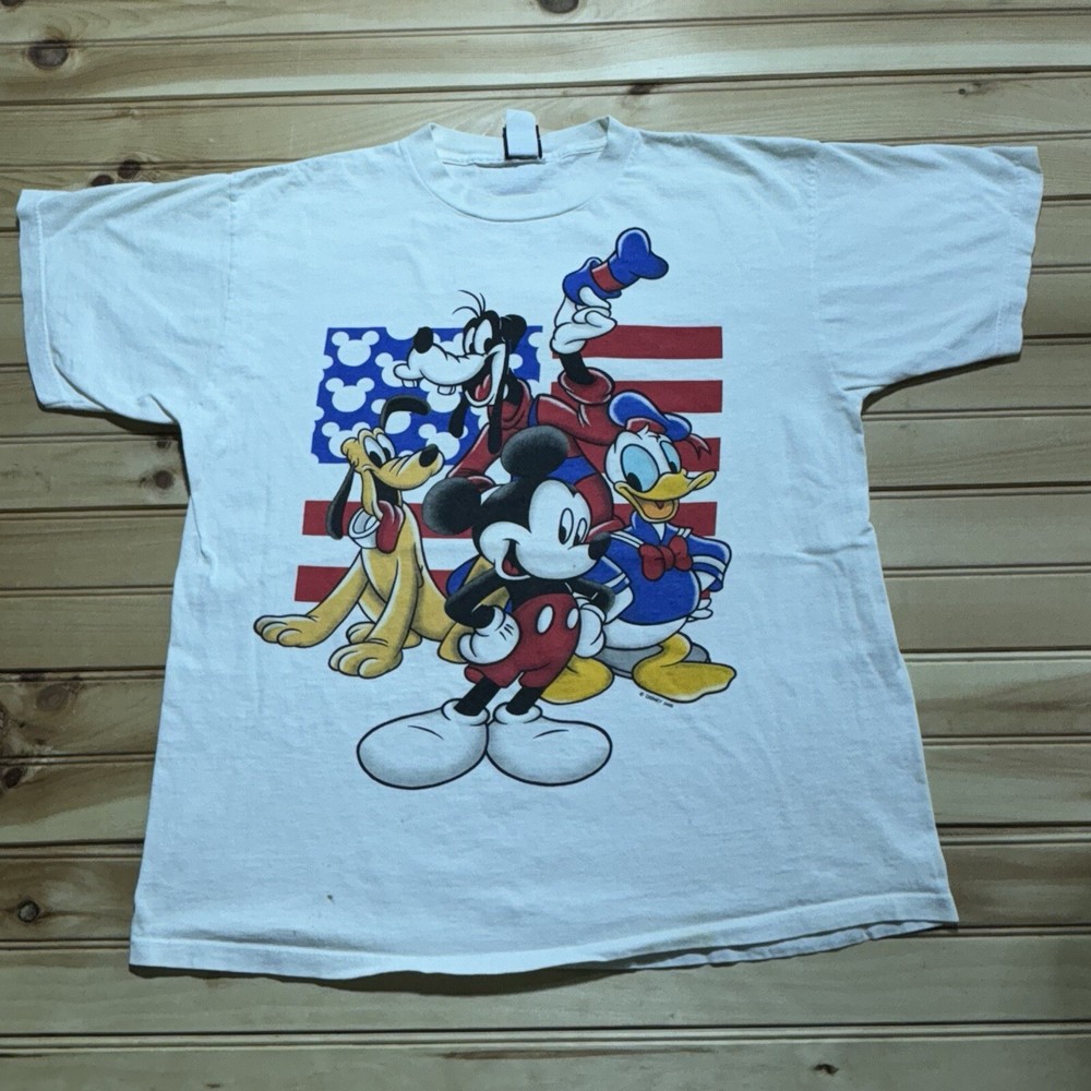 Vintage 90s Walt Disney Mickey Mouse USA American Flag Patriotic Shirt L/XL