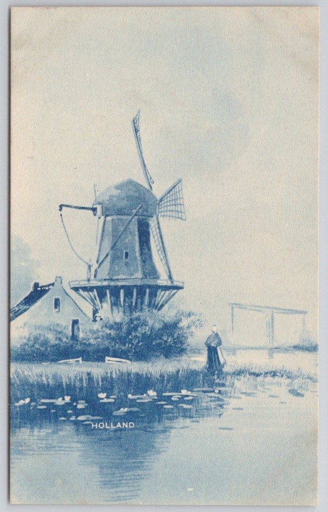 Vintage HOLLAND Windmill Canal Scene Postcard Delft Blue Art Universal Postal