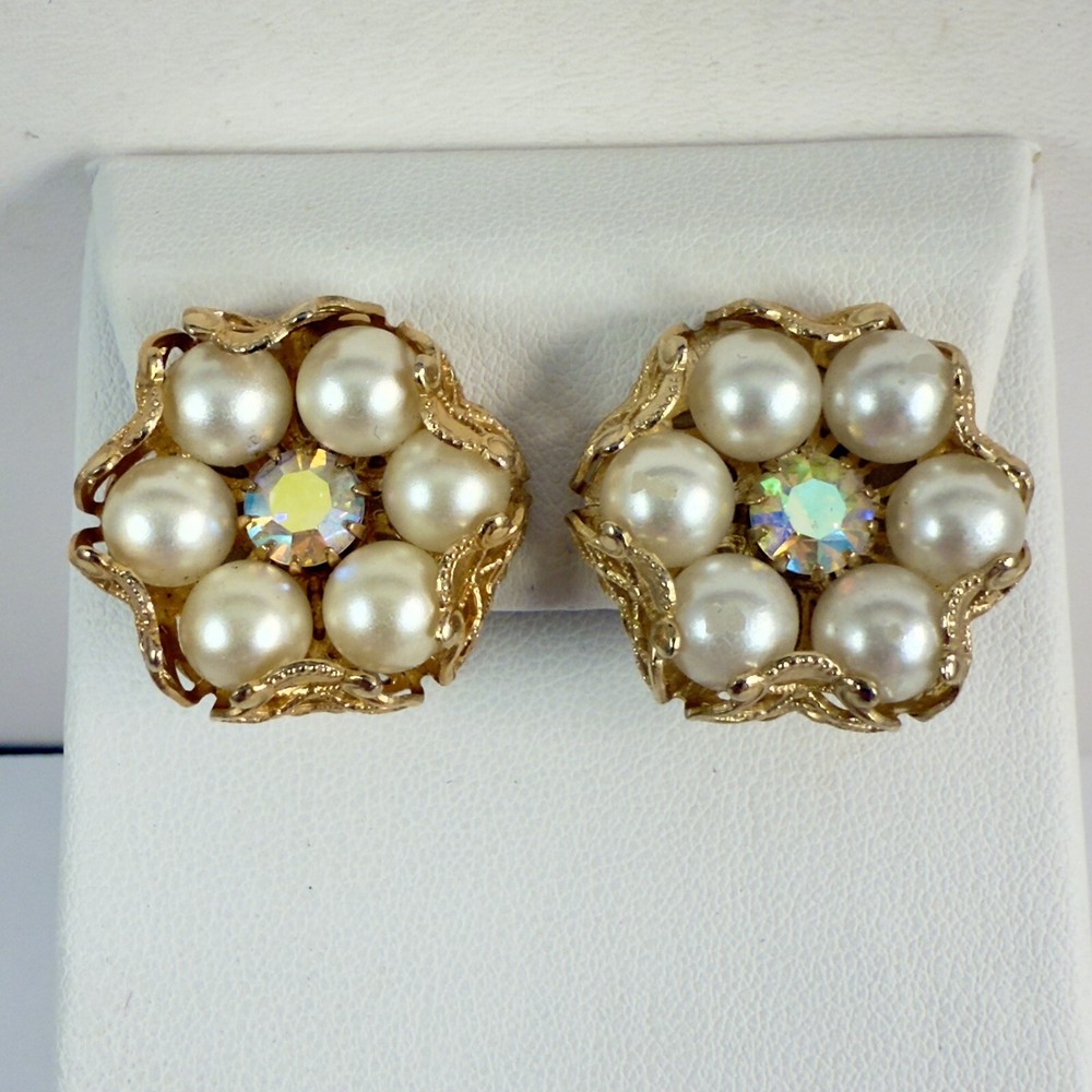 Vintage Faux Pearl AB Rhinestone Gold Tone Filigree Clip on Earrings