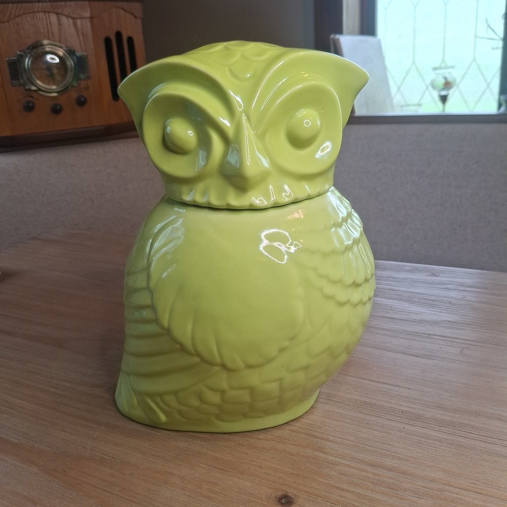 Vintage-Style Avocado Green Ceramic Owl Cookie Jar - Glossy MCM Kitchen Decor