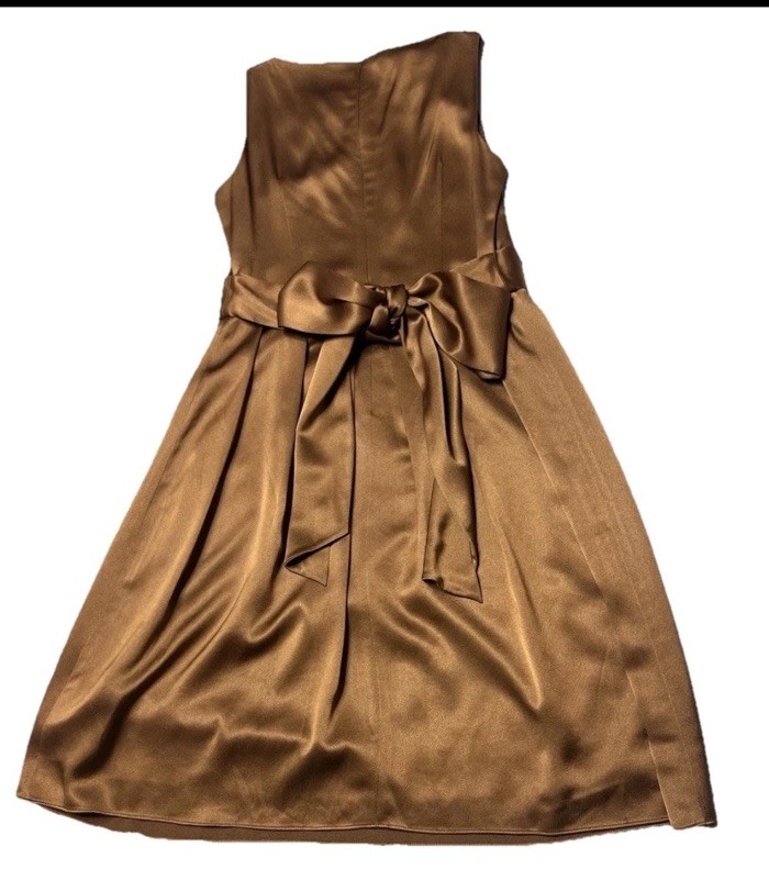 Talbots 10 Chocolate Brown Satin Sleeveless A-Line Cocktail Dress Long Sash Bow