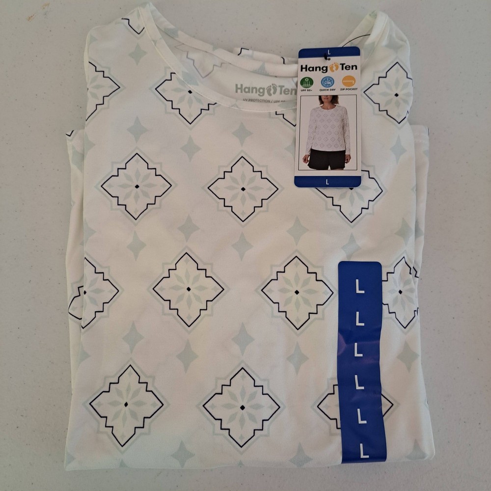 Hang Ten Womens UPF 50 Sun Shirt Long Sleeve White Geometric Tile LG 787-159