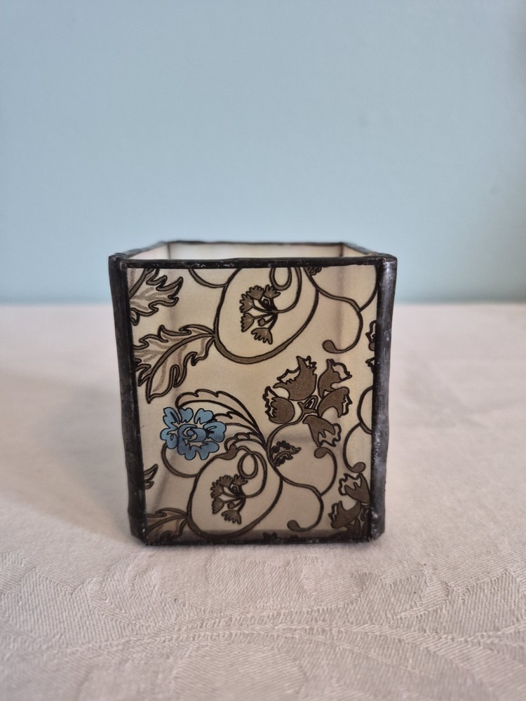 Stained Slag Glass Floral Candle Holder Square Votive 3 Inch