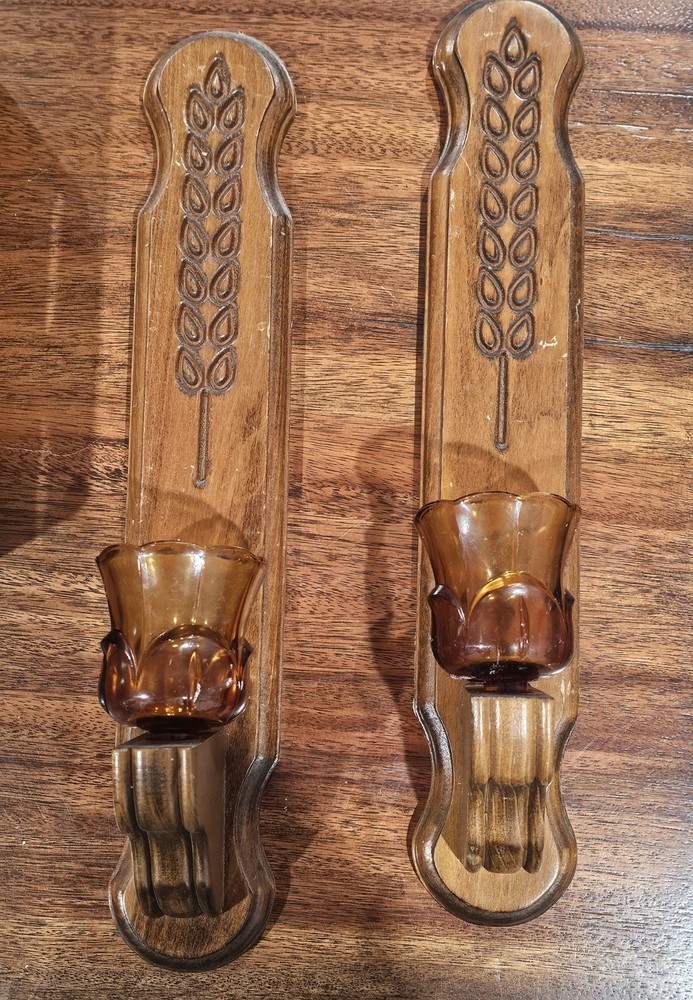 Set of 2 Wooden Carved Wheat Leaf Wall Candle Sconces Vintage MCM18