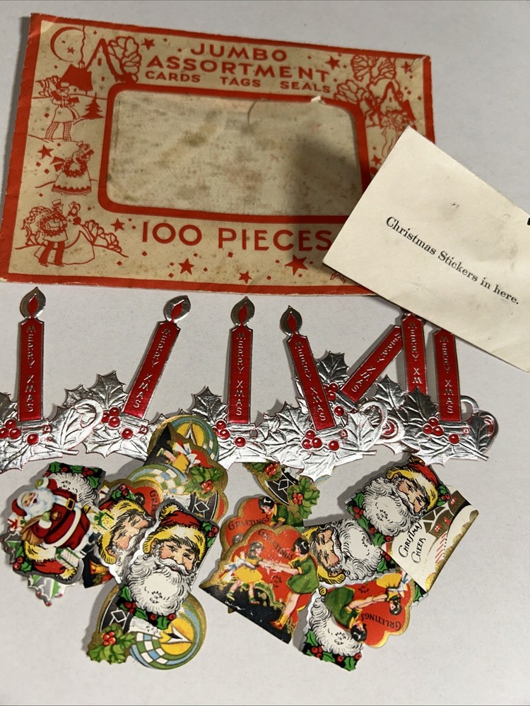Vintage Assortment Christmas Seals Stickers In Original Envelope Santa Candles