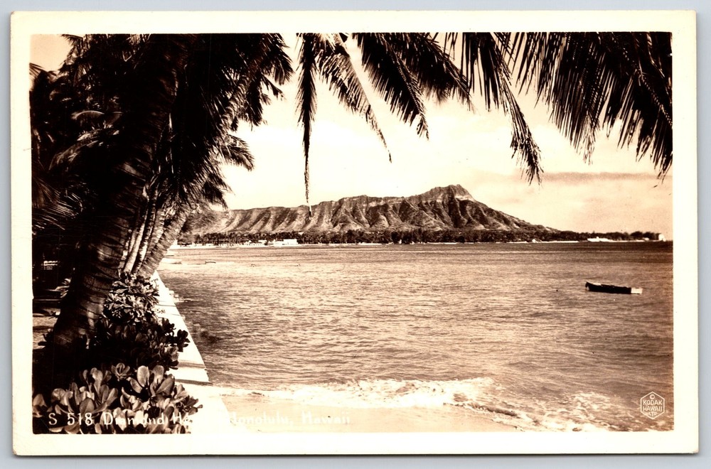RPPC~Honolulu Hawaii~Diamond Head Volcano Seen From Beach~Real Photo Postcard