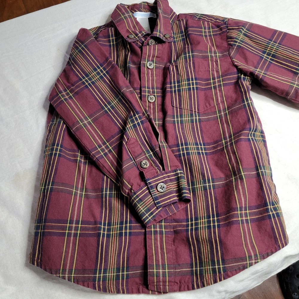 Janie and Jack Boys 3T Maroon Plaid Button Down Shirt Long Sleeve Cotton