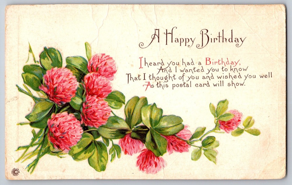Greetings~Happy Birthday~Red Clover Flowers~Emb~Made In USA~Vintage Postcard