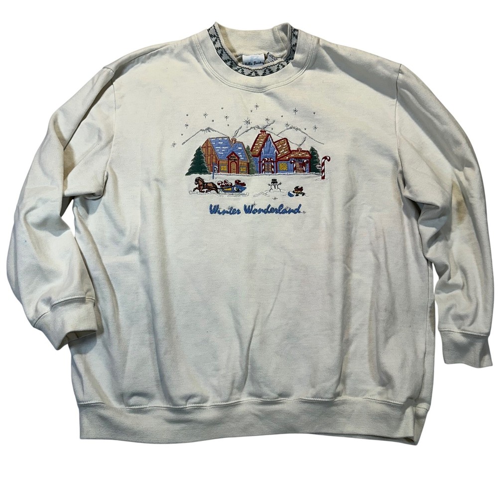 Bobbie Brooks Sweatshirt Women XL Cream Winter Wonderland Embroidered Vtg 90s
