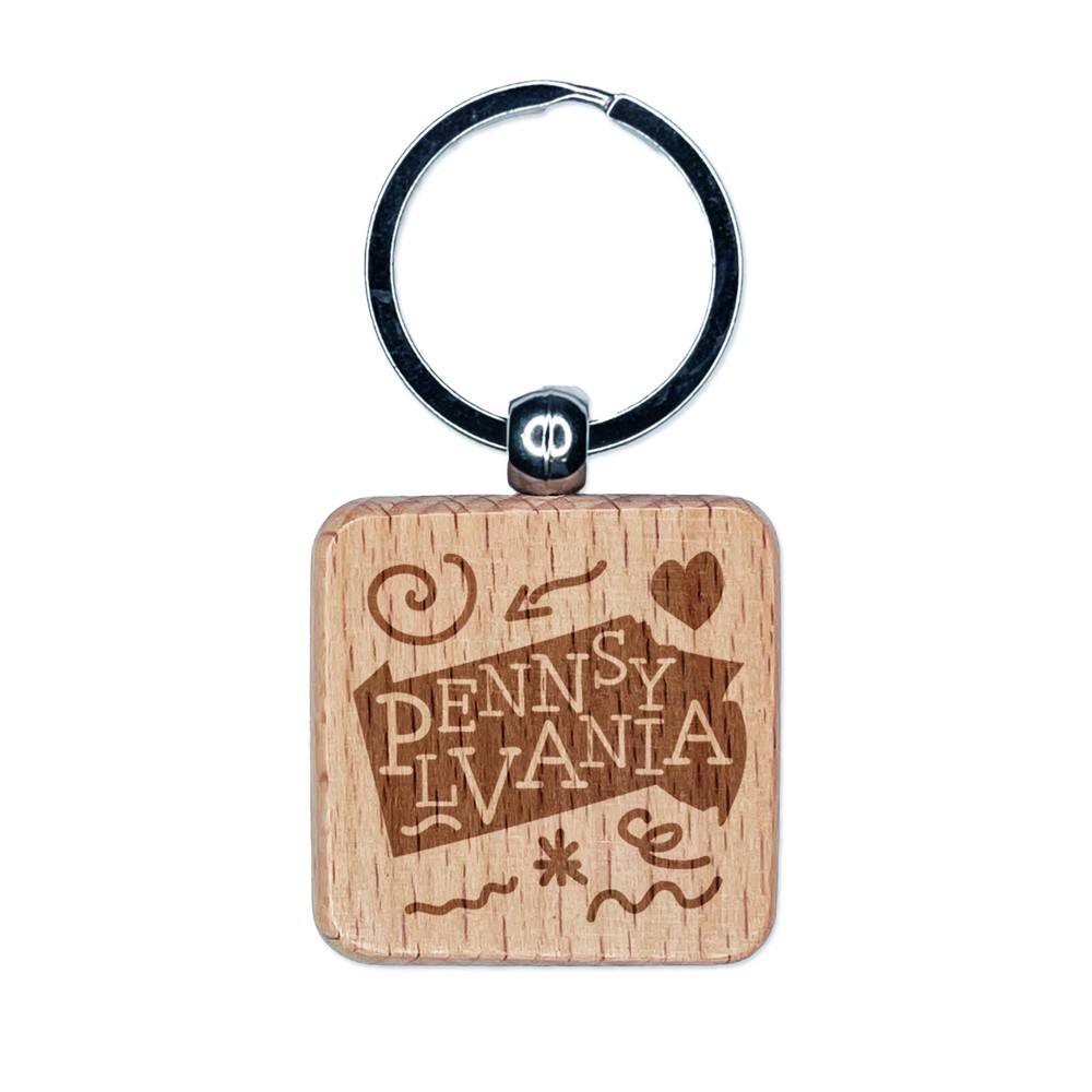 Pennsylvania State with Text Swirls Engraved Wood Square Keychain Tag Charm