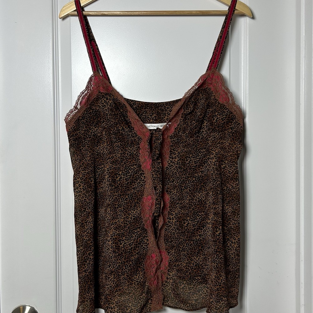 Victoria's Secret Vintage Y2K Leopard Print Lace Trim Double Tie Front Cami Top