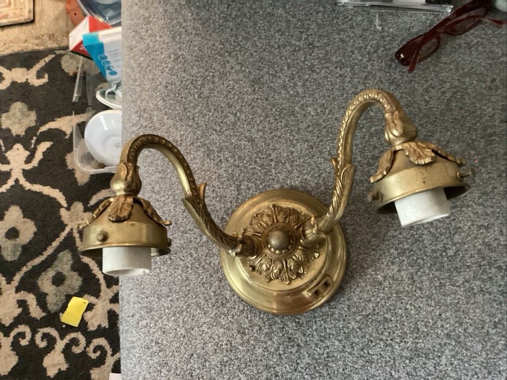 Vintage Ornate Gold Tone Metal Double Candle Wall Sconce Holder Decor