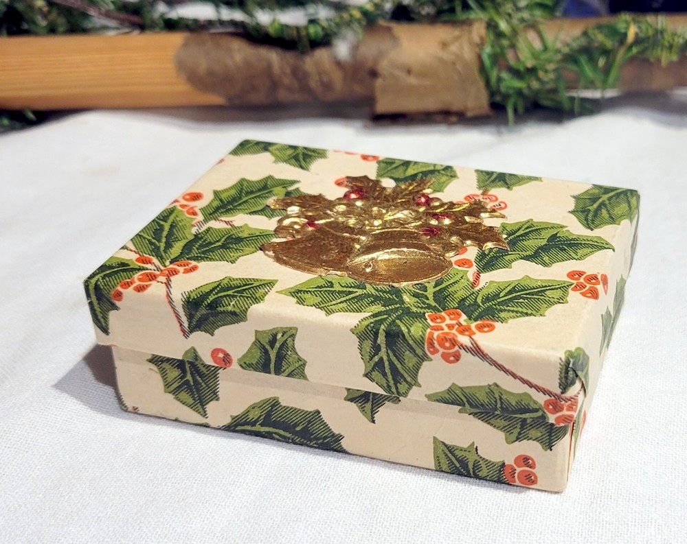 Miniature Holly Christmas themed Gift Box with Seal. 1920s. Hall Brothers. USA.