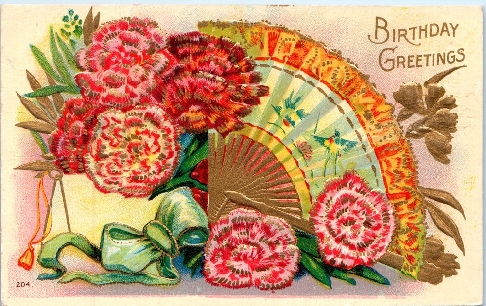 Vintage - Gilt Victorian Fan W Red Flowers Embossed Birthday - Postcard - P12